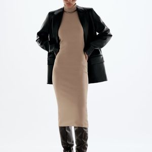 ZARA Ribbed Midi Dress High Collar